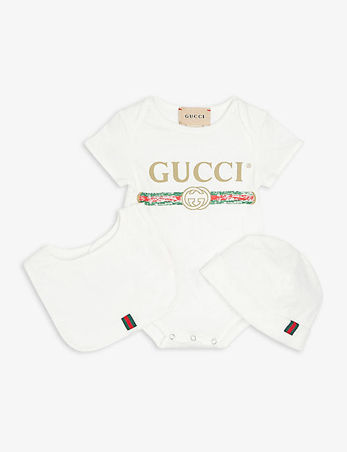 GUCCI: Vintage brand-print cotton three-piece baby set 0-36 months
