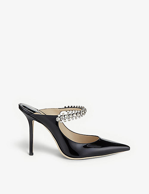 JIMMY CHOO: Bing 100 crystal-embellished patent-leather heeled mules