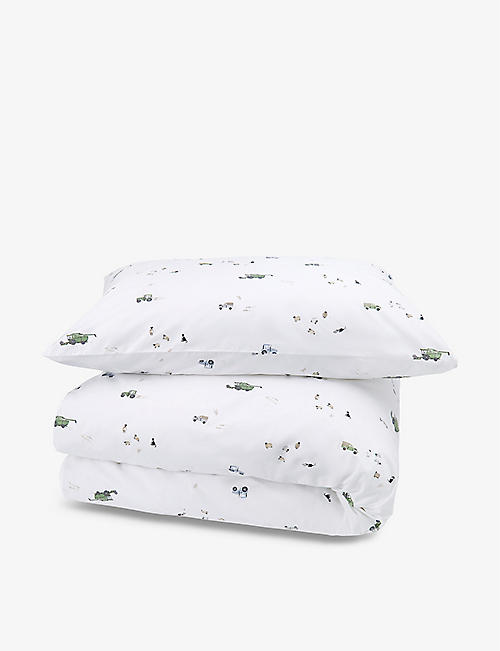 THE LITTLE WHITE COMPANY: Farmyard graphic-print cotton-blend single duvet cover set