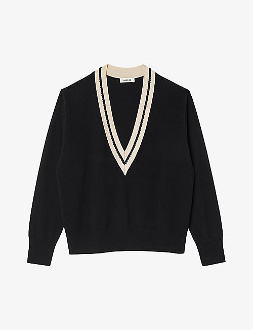 SANDRO: Embroidered-neck wool-blend sweatshirt