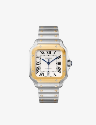 CARTIER: CRW2SA0009 Santos de Cartier large stainless-steel, 18ct yellow-gold and interchangeable leather strap automatic watch