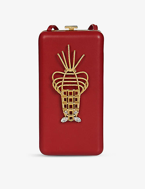 LA MAISON COUTURE: Sonia Petroff Lobster 24ct yellow gold-plated brass and Swarovski crystal-embellished leather clutch bag