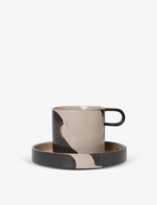 FERM LIVING: Inlay contrast-print stoneware cup and saucer