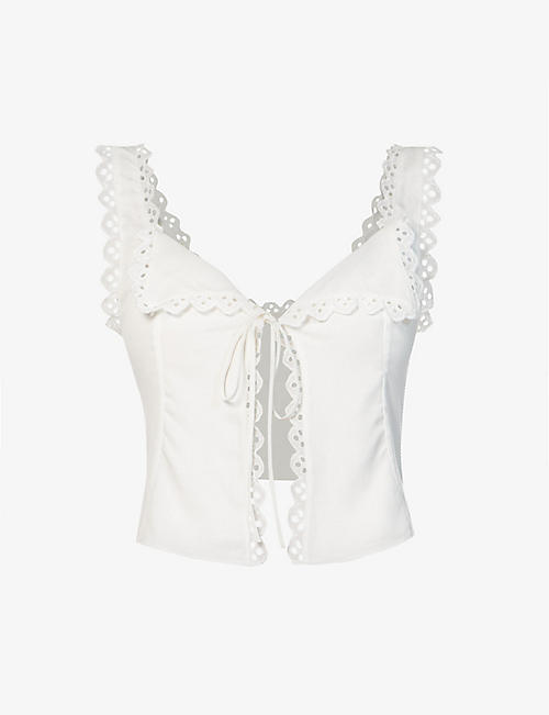 HOUSE OF CB: Amber broderie-anglaise-trim woven top