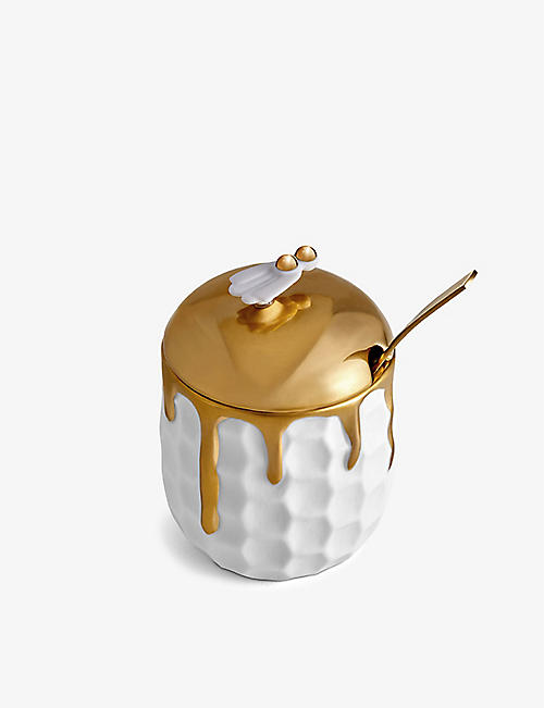 LOBJET: Beehive porcelain and 24ct gold-plated honeypot with spoon 13cm