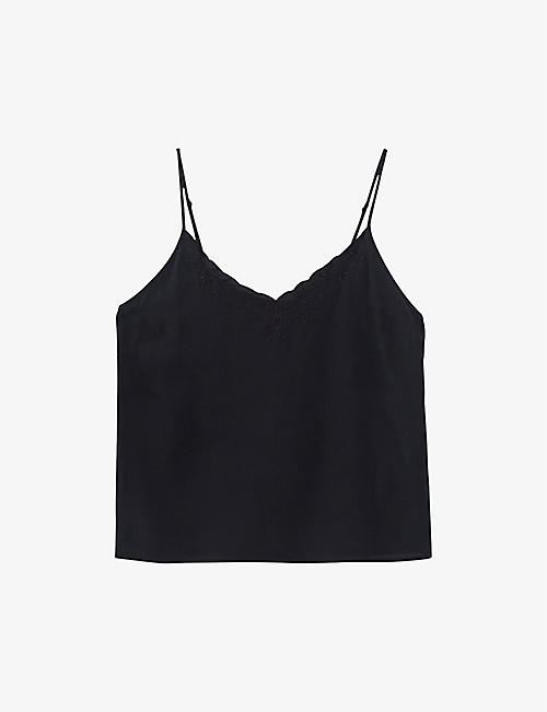 IKKS: Scalloped plant and skull-embroidered silk cami top