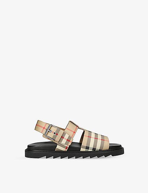 BURBERRY: Axuburton check-pattern ankle-strap leather sandals 5-9 years