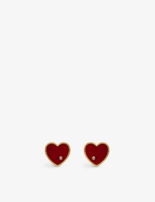 YVONNE LEON: Heart 9ct yellow-gold, 0.02ct brilliant-cut diamond and red agate stud earrings