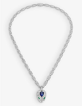 BVLGARI: Serpenti 18ct white-gold, 4.59ct diamond, 1.48ct sapphire and 0.17ct emerald necklace