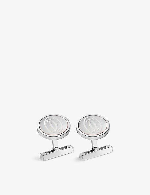 CARTIER: Double C de Cartier engraved palladium-finish sterling silver and mother-of-pearl cufflinks