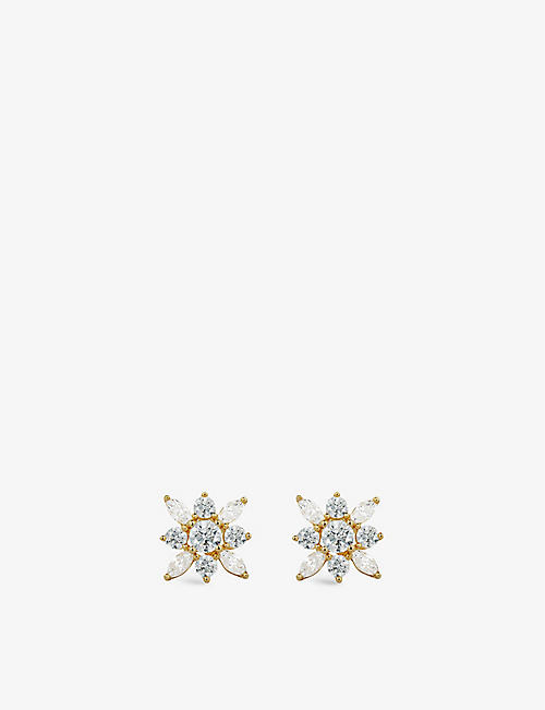 CARAT LONDON: Snowflower yellow gold-plated vermeil sterling silver and cubic zirconia stud earrings