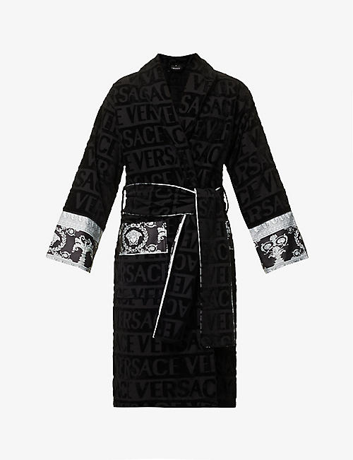 VERSACE: Logo and baroque-print cotton-towelling robe