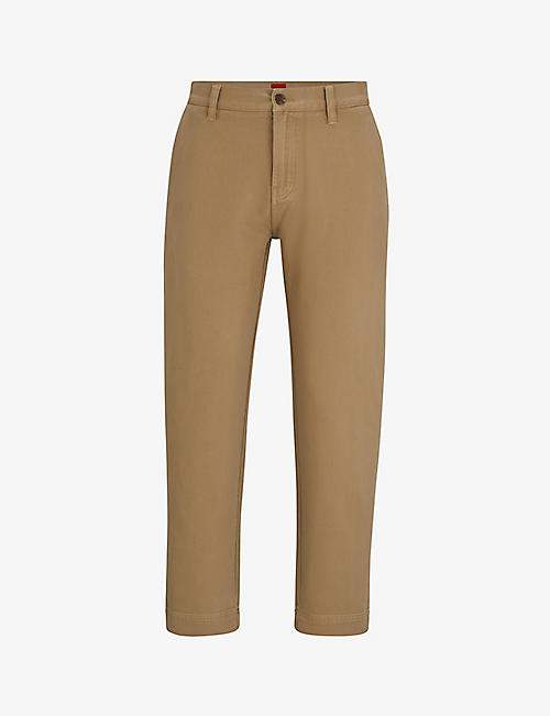 HUGO: Logo-patch slim-fit tapered-leg cotton trousers