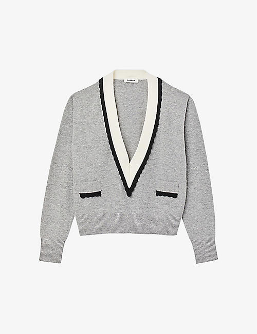SANDRO: Contrast-neck wool and cashmere-blend jumper