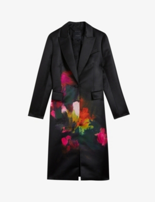 TED BAKER: Anastay abstract-print single-breasted satin coat