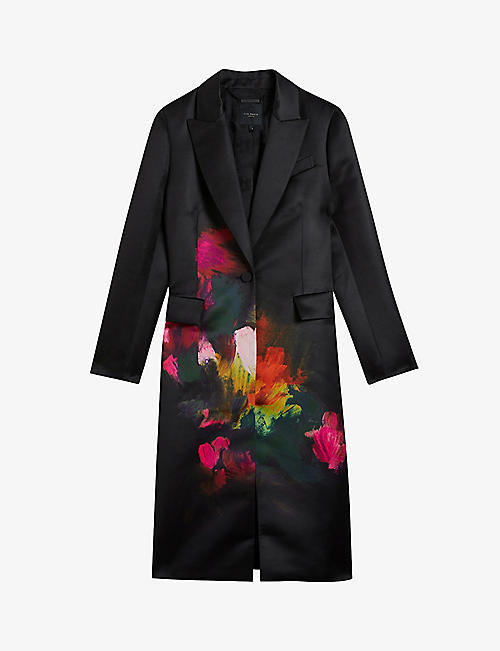 TED BAKER: Anastay abstract-print single-breasted satin coat