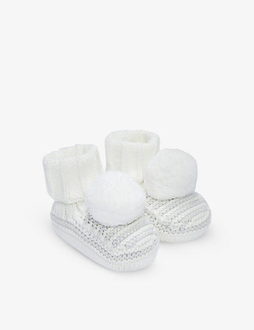 THE LITTLE WHITE COMPANY: Pom-pom embellished knitted organic-cotton crib shoes 0–12 months
