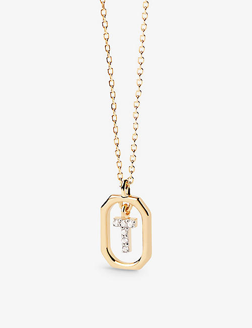 PDPAOLA: Letter T mini 18ct yellow-gold plated sterling-silver and zirconia pendant necklace