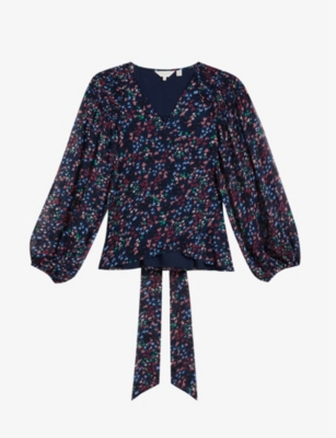 TED BAKER: Tariaa graphic-print balloon-sleeved recycled-polyester wrap blouse