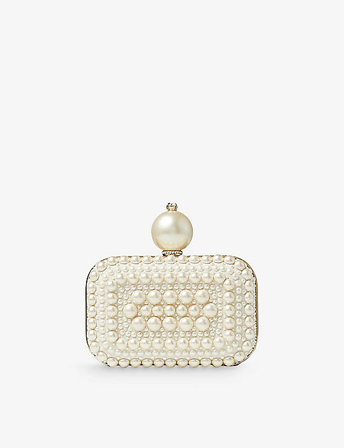 JIMMY CHOO: Micro Cloud pearl and crystal-embellished suede clutch bag