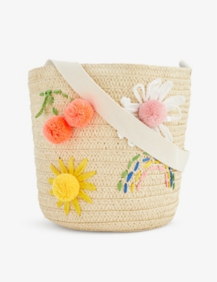 MERI MERI: Embroidered flower and rainbow straw shoulder bag