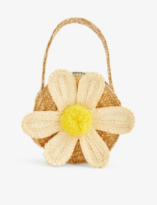 MERI MERI: Daisy-appliqué straw circular bag