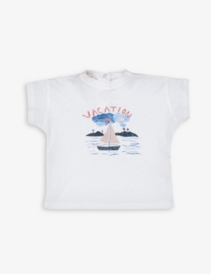 CARAMEL: Ahipa chip-seaside print organic cotton-blend T-shirt 3 months - 12 years
