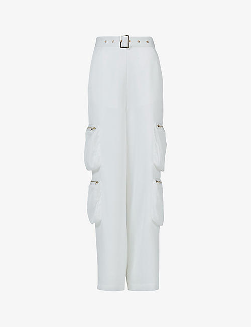 LEEM: Patch-pocket belted high-rise wide-leg woven cargo trousers