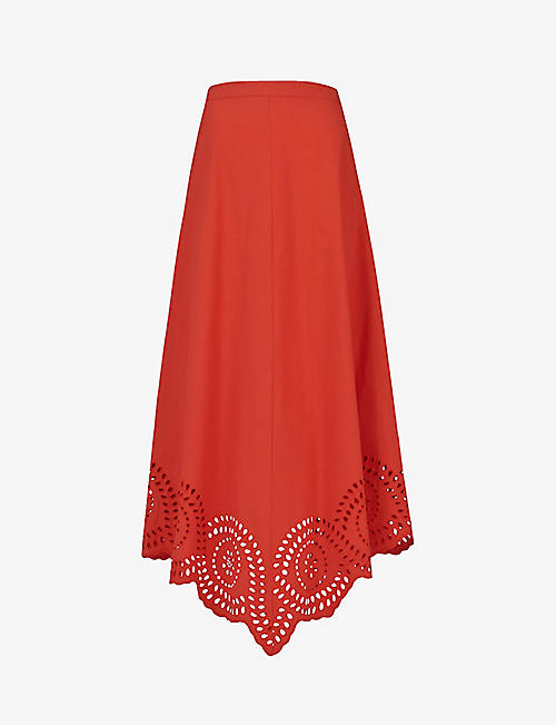 LEEM: Broderie anglaise-embrodiered cotton midi skirt