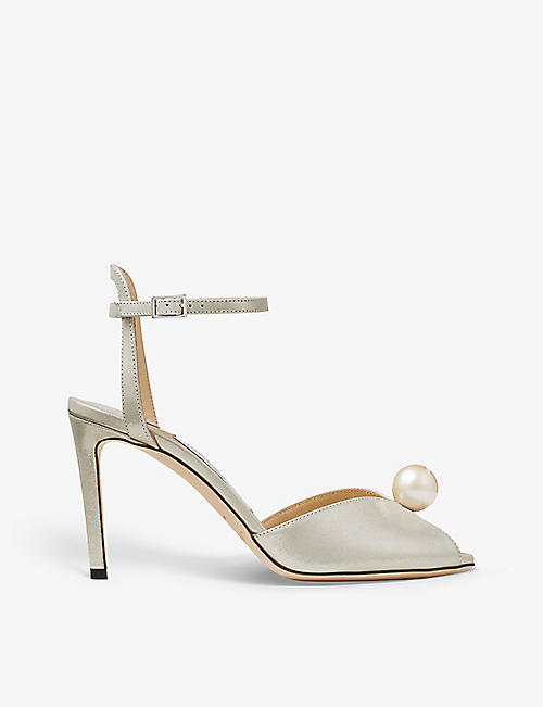 JIMMY CHOO: Sacora 85 faux pearl-sphere suede heeled sandals