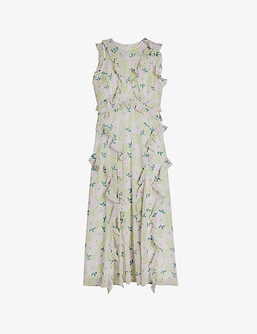 TED BAKER: Calinia daisy-print ruffled recycled-polyester midi dress