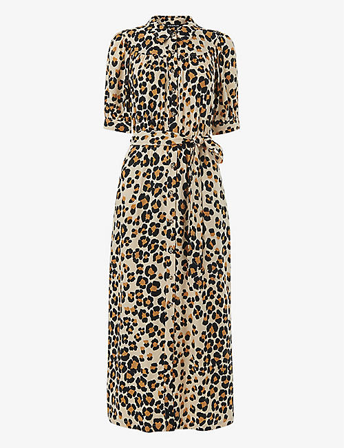WHISTLES: Leopard-print tied-waist woven shirt midi dress