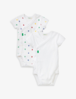 BENETTON: Logo-print short-sleeved pack of two organic-cotton bodysuits 1-12 months