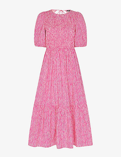 WHISTLES: Uneven Lines graphic-print shirred-bodice cotton midi dress