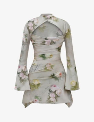 HOUSE OF CB: Toira floral-print draped-corset woven mini dress