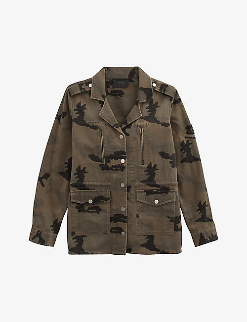 IKKS: Camouflage-patterned badge-embellished regular-fit denim jacket