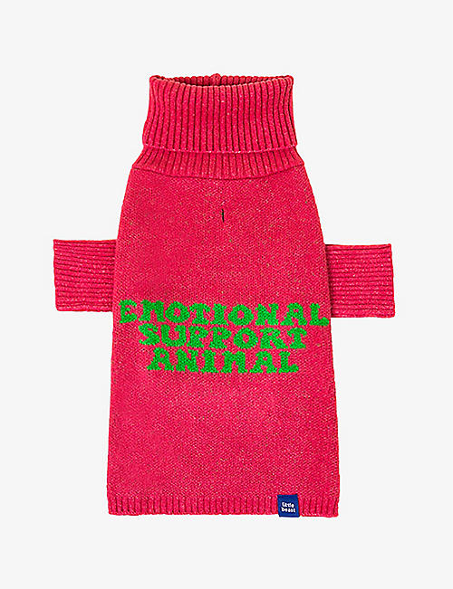 LITTLE BEAST: Emotional Support slogan-embellished knitted dog sweater