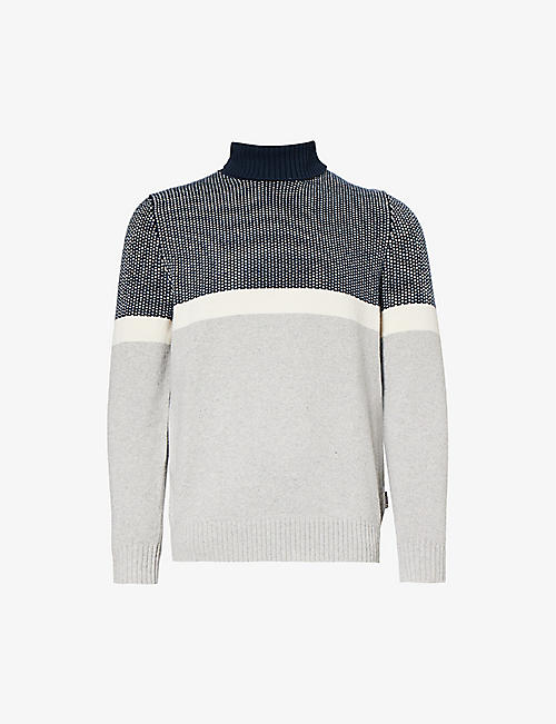 BARBOUR: Roll-neck contrast-panel cotton, recycled-polyester and wool-blend jumper