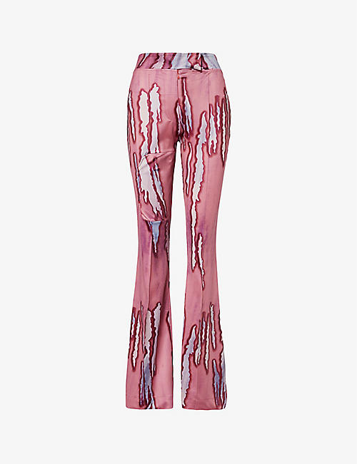 CONNER IVES: Abstract-print flared-leg mid-rise trousers stretch recycled-polyester trousers
