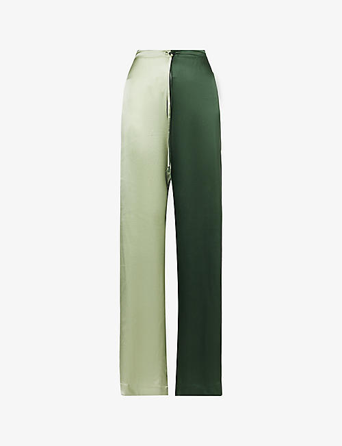 WOERA: Colour-blocked elasticated-waist straight-leg mid-rise silk trousers