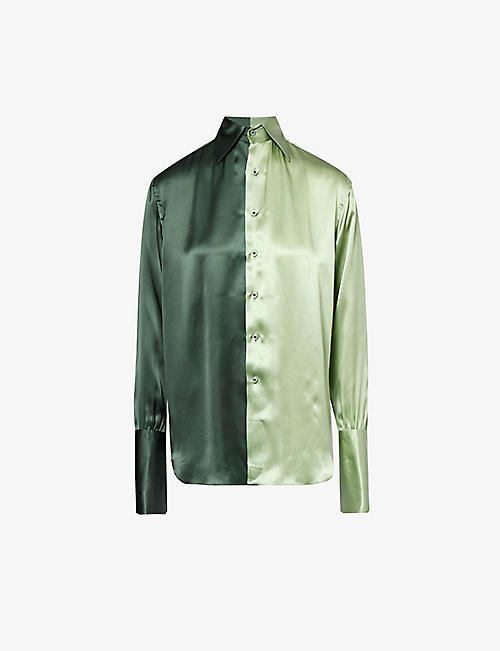 WOERA: Colour-blocked yoked regular-fit silk shirt