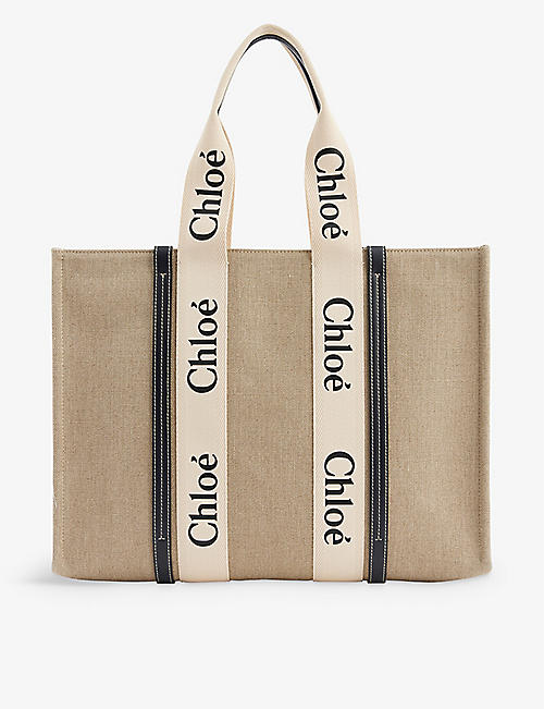 CHLOE: Woody large linen tote bag