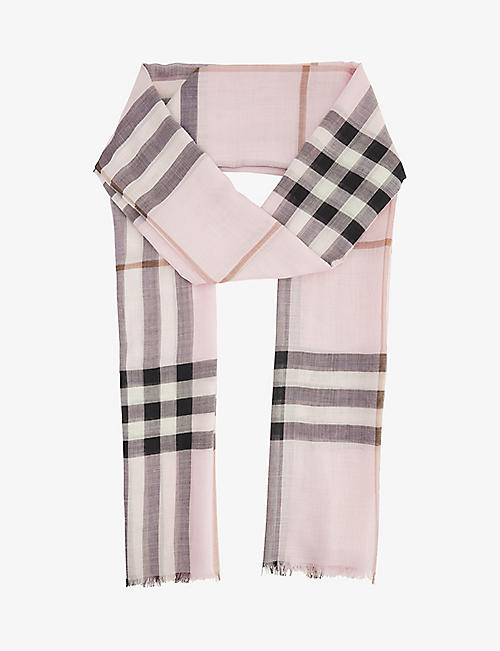 BURBERRY: Giant Check fringed wool and silk-blend scarf