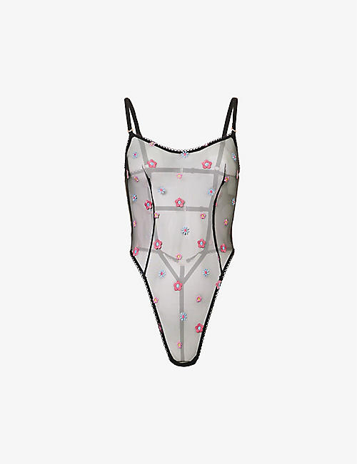 LOUNGE UNDERWEAR: Floral-embroidered semi-sheer stretch-mesh body