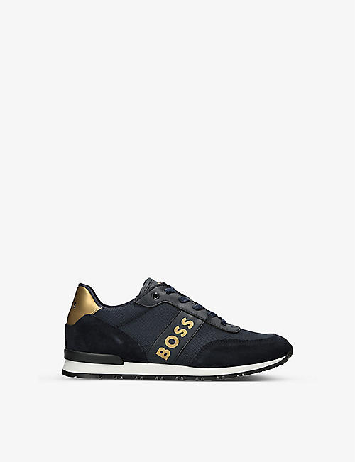 BOSS BY HUGO BOSS: Logo-print metallic-panel mesh and leather low-top trainers 4-9 years