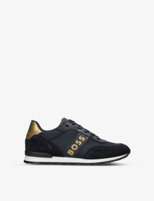 BOSS BY HUGO BOSS: Logo-print metallic-panel mesh and leather low-top trainers 9-10 years