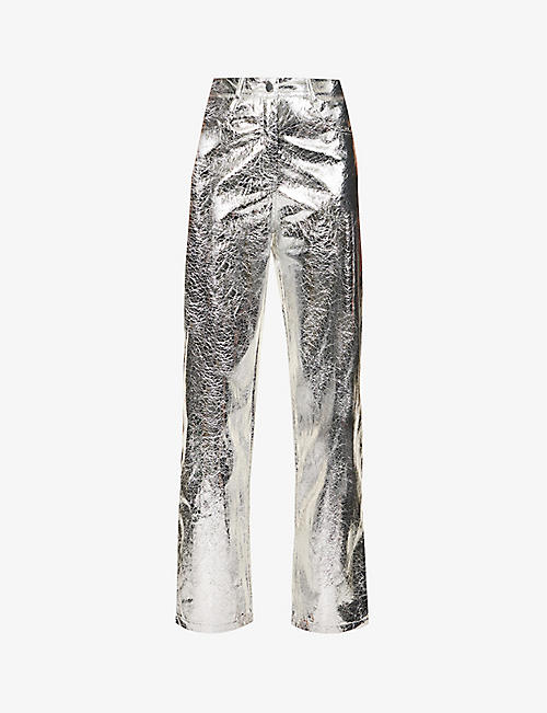AMY LYNN: Lupe metallic high-rise straight-leg faux-leather trousers