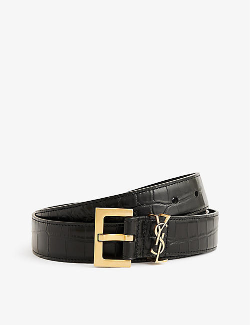 SAINT LAURENT: Monogram croc-embossed logo leather belt