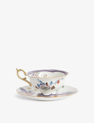 WEDGWOOD: Fortune floral-motif bone-china teacup and saucer 15cm