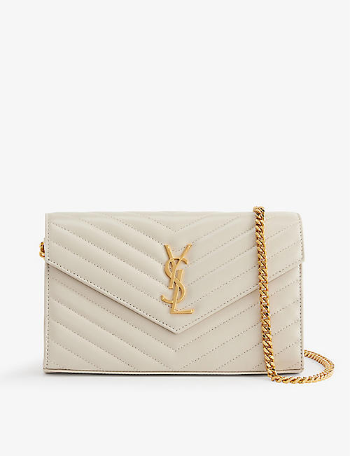 SAINT LAURENT: Logo-plaque quilted-leather wallet on chain